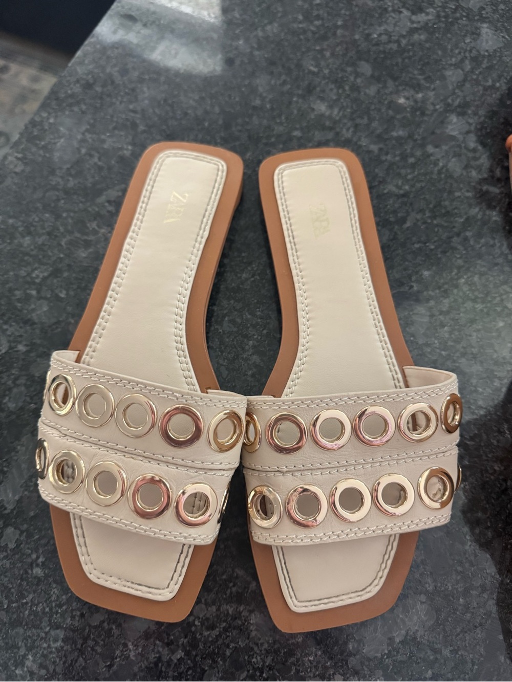 Zara Cream Slide Sandals with Gold Ring Embellishments